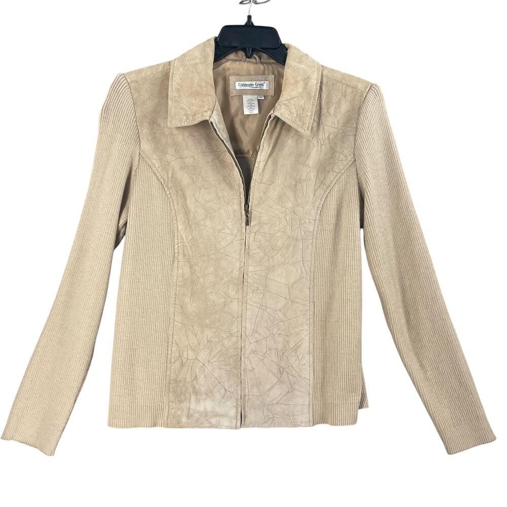 Coldwater Creek Jacket Womens Large Tan Suede Leather Knit Sleeves Full Zip